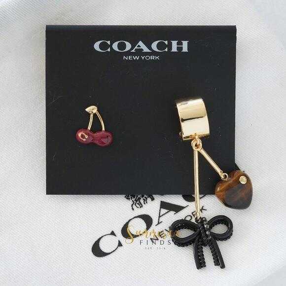 Coach Cherry Heart Bow Charm Mismatched Statement Earrings - Picture 1 of 5
